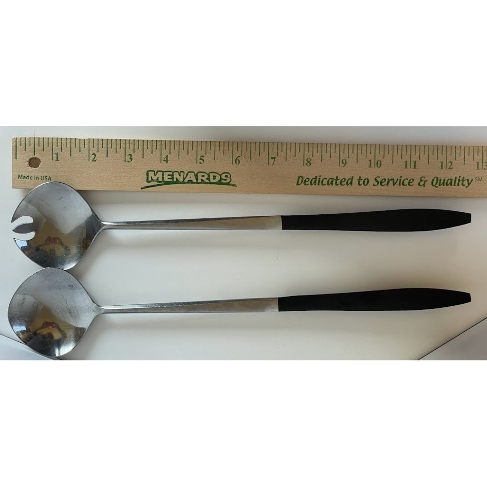 Kingston Salad Serving Set 12.5in Silver Black Good MCM Stainless Japan